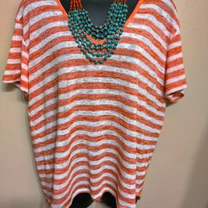 Ana A New Approach Striped Low Vneck Tee Short Sleeve Lightweight Hi-Lo Hemline